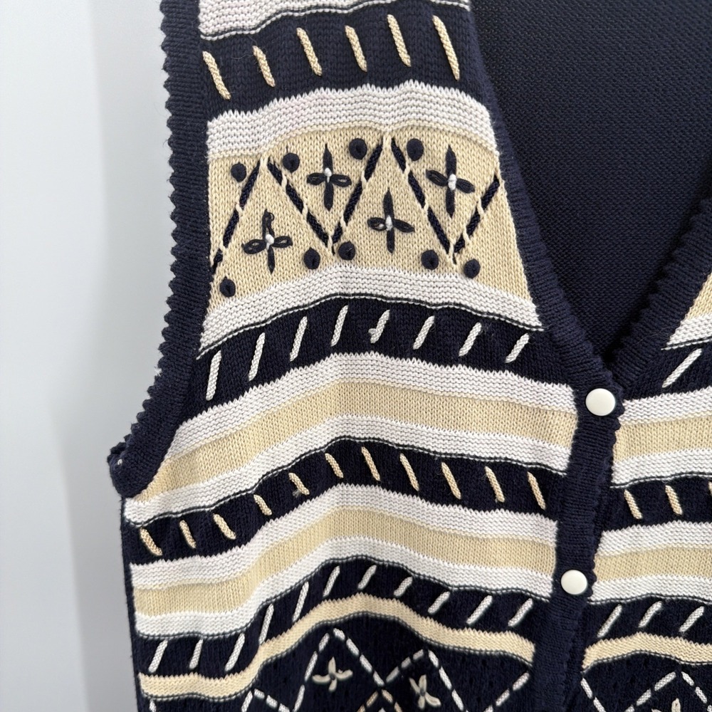 VTG Koret Sweater Vest L Grannny Knit Blue V Neck 90s Embroidered Casual Button - Picture 2 of 8